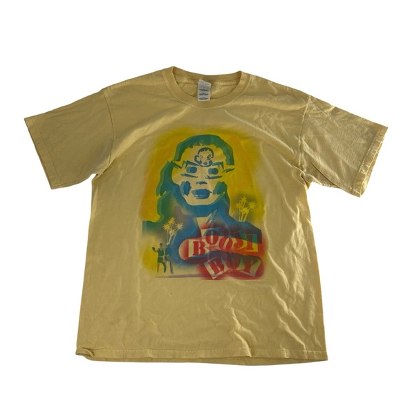 Vintage Devo Shirt Mens Large Yellow Y2K Booji Boy Short Sleeve Band Tee 2000s - Picture 1 of 8